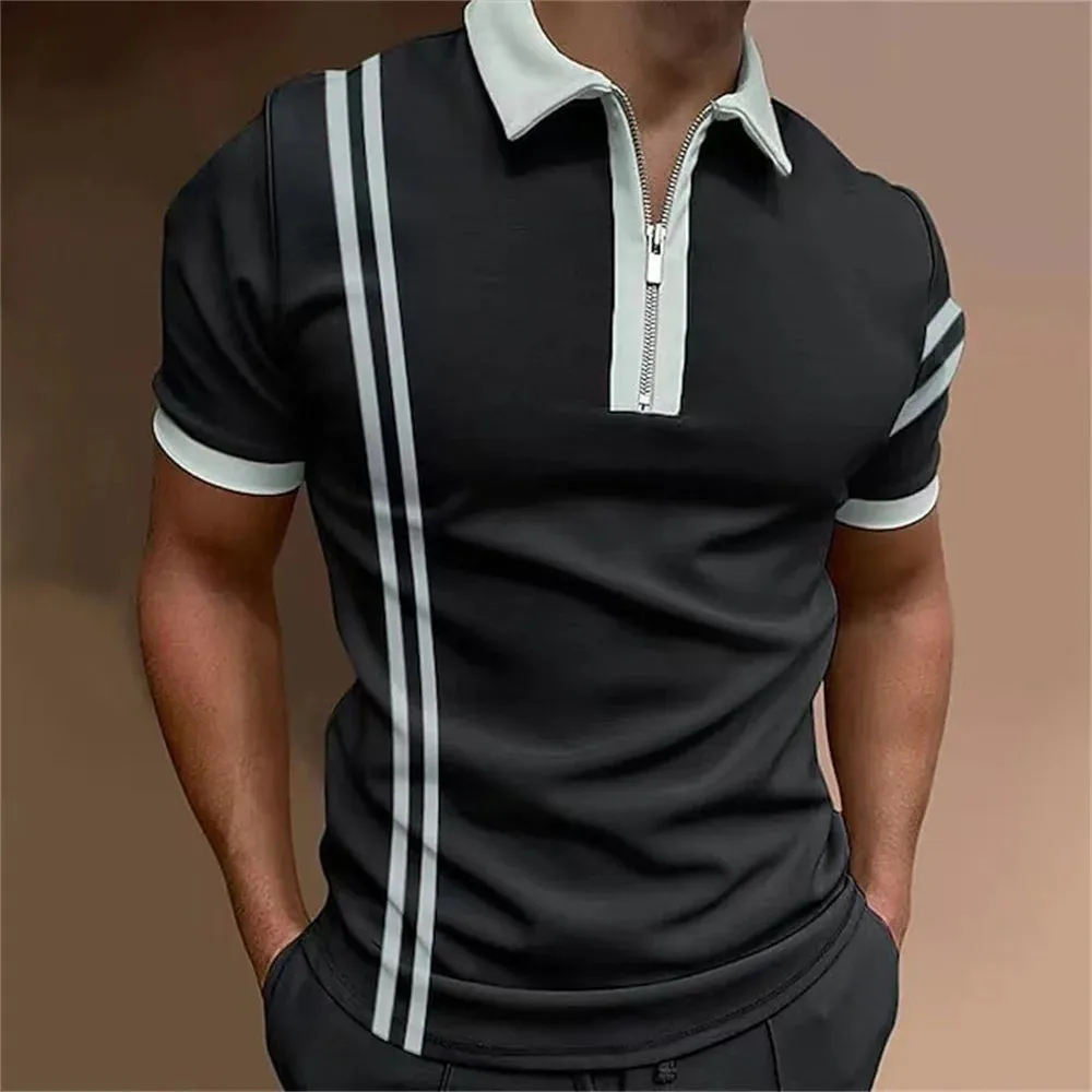 Men's Striped Short Sleeve Polo Shirt-Casual Summer Tops
