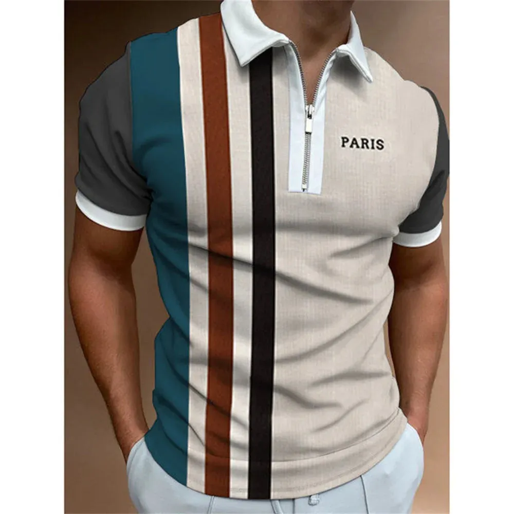 Men's Striped Short Sleeve Polo Shirt-Casual Summer Tops