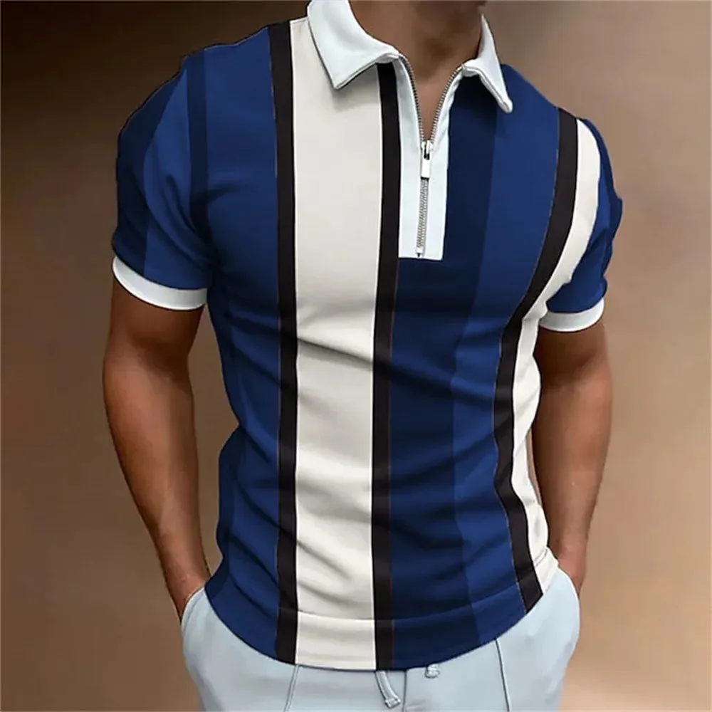 Men's Striped Short Sleeve Polo Shirt-Casual Summer Tops