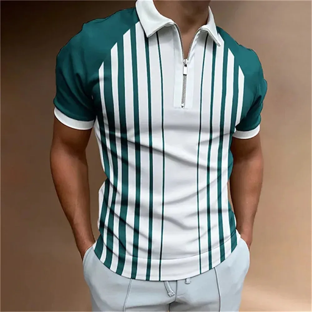 Men's Striped Short Sleeve Polo Shirt-Casual Summer Tops