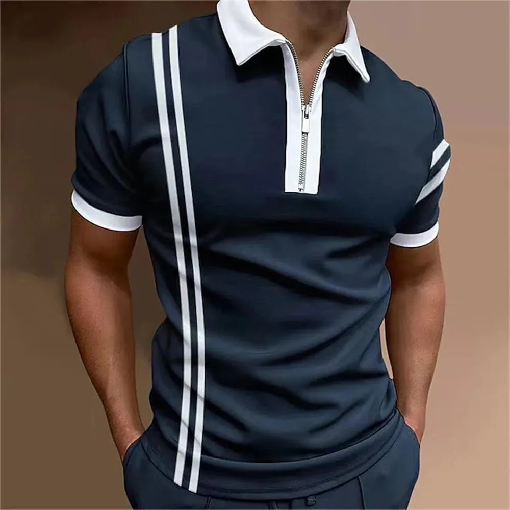 Men's Striped Short Sleeve Polo Shirt-Casual Summer Tops