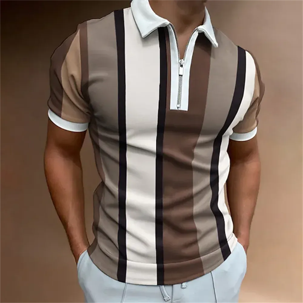 Men's Striped Short Sleeve Polo Shirt-Casual Summer Tops