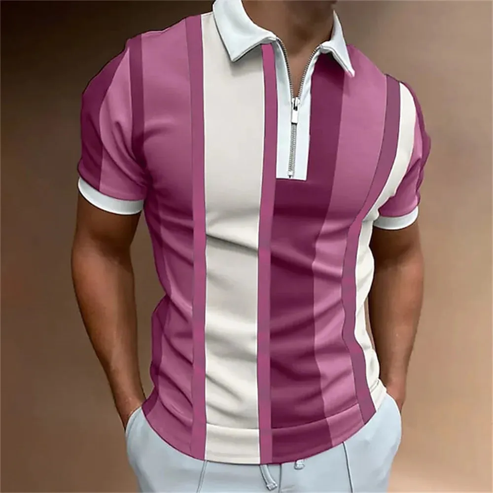 Men's Striped Short Sleeve Polo Shirt-Casual Summer Tops