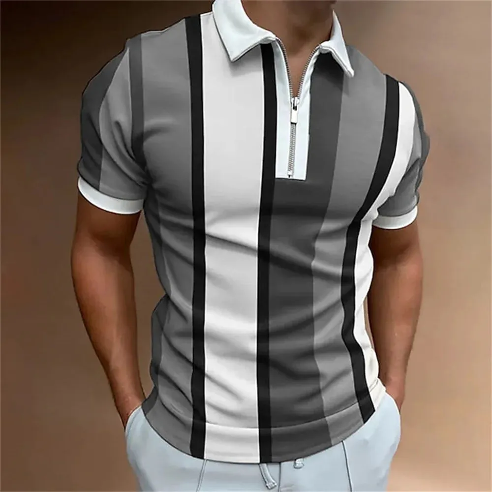 Men's Striped Short Sleeve Polo Shirt-Casual Summer Tops