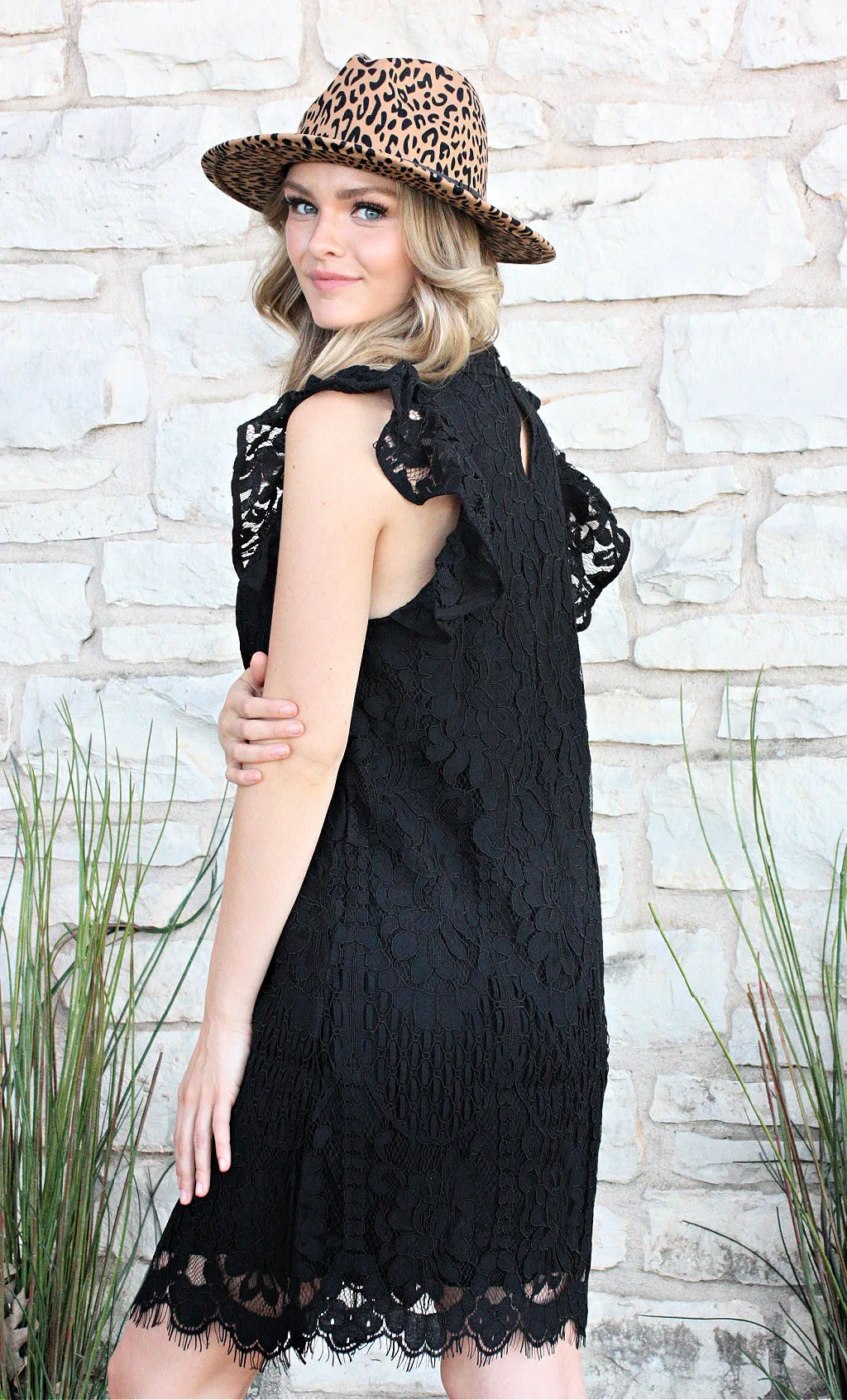 Mock Neck Ruffle Cap Sleeve Lace Dress - Black