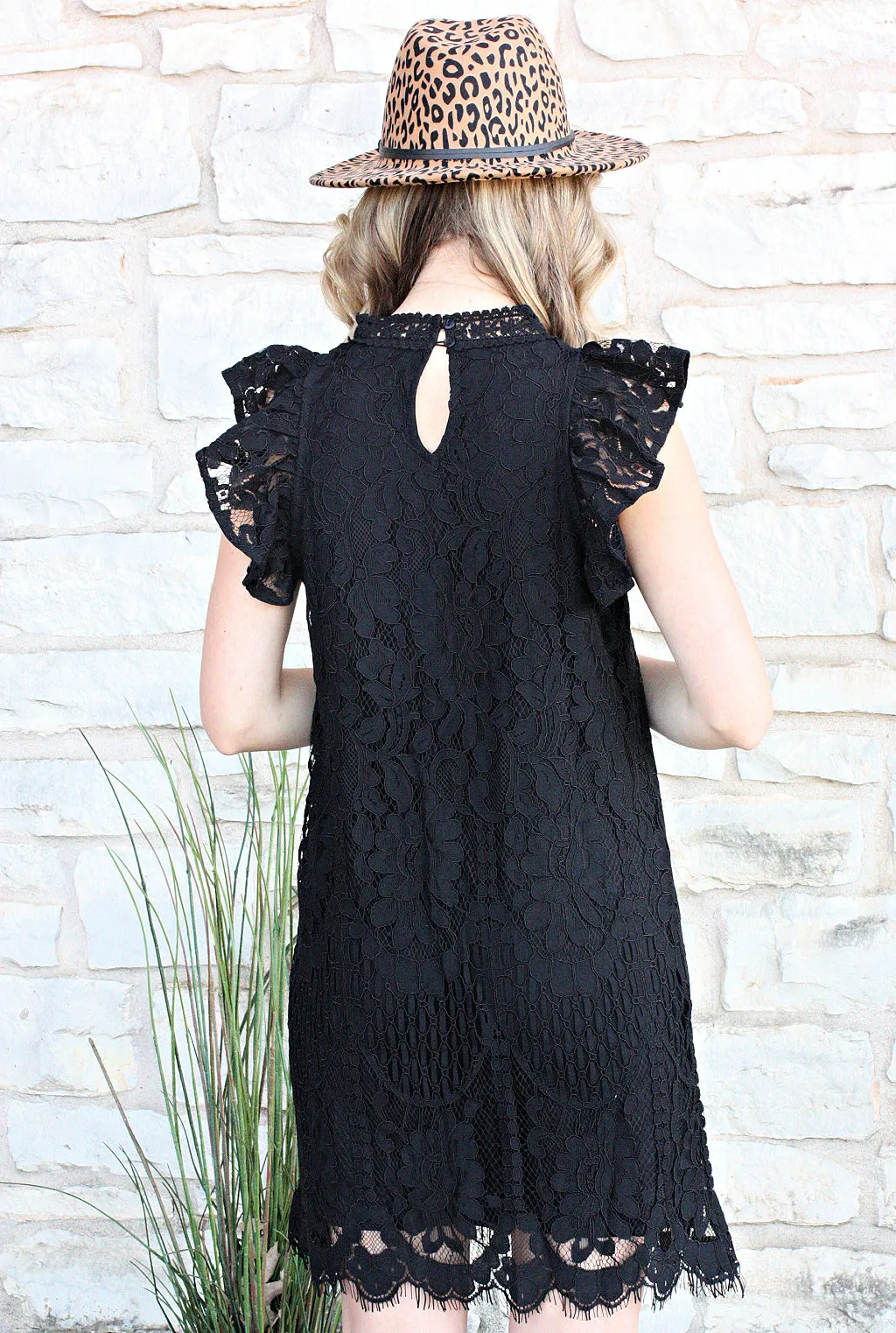 Mock Neck Ruffle Cap Sleeve Lace Dress - Black