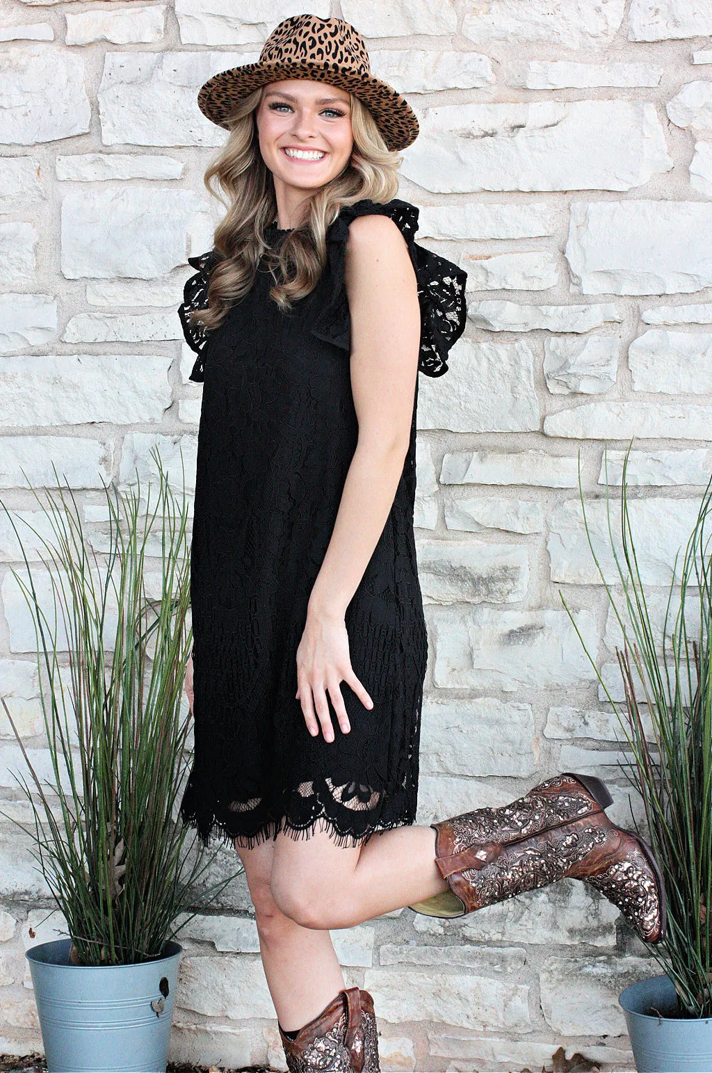 Mock Neck Ruffle Cap Sleeve Lace Dress - Black