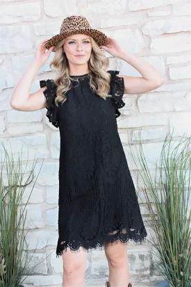 Mock Neck Ruffle Cap Sleeve Lace Dress - Black