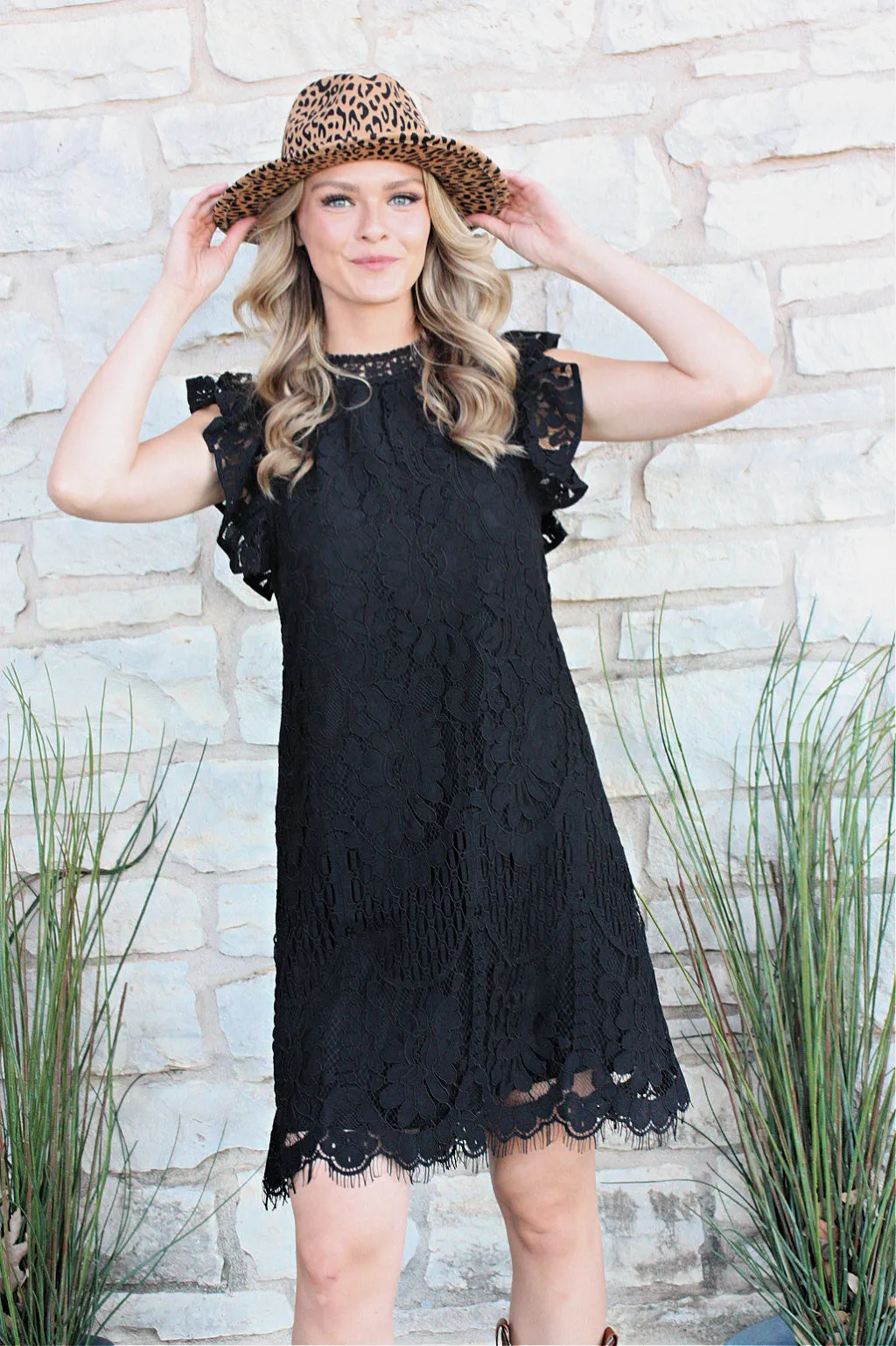 Mock Neck Ruffle Cap Sleeve Lace Dress - Black
