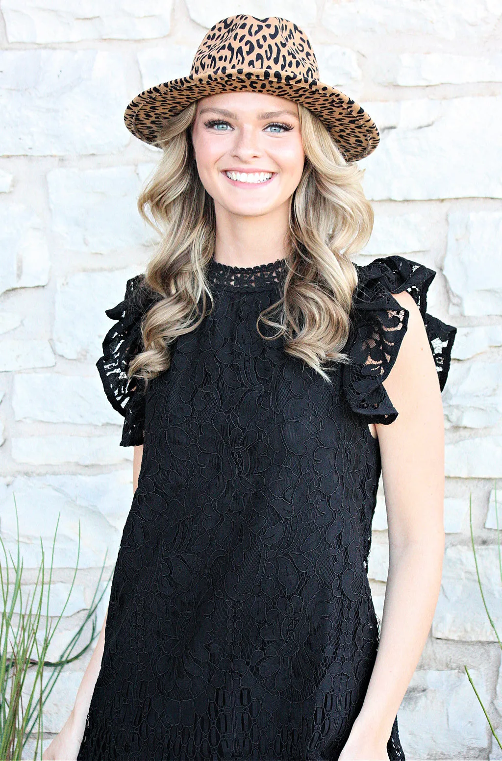 Mock Neck Ruffle Cap Sleeve Lace Dress - Black