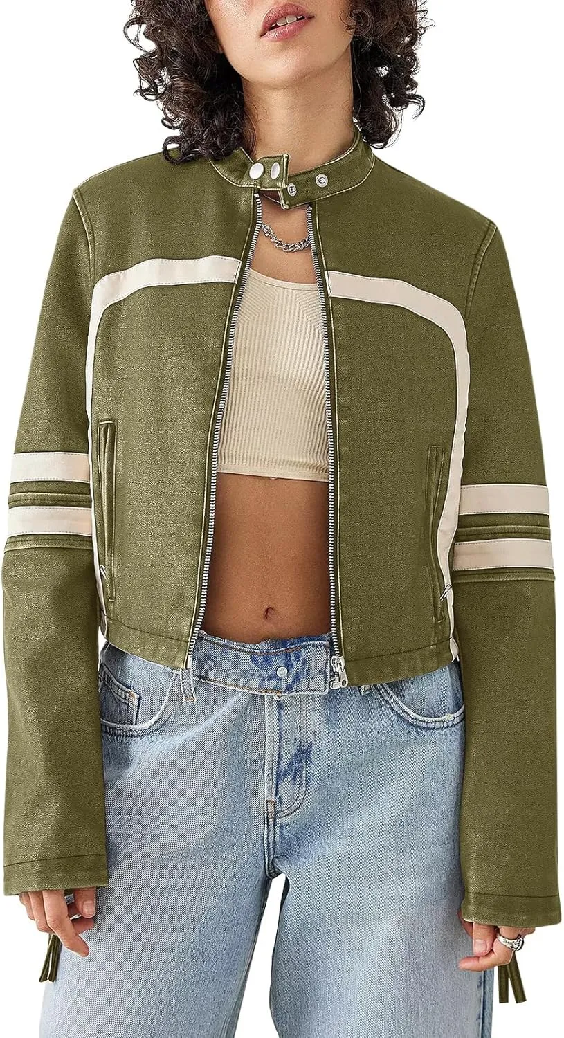 Molilove Leather Jacket Cropped Jacket Motorcycle Jacket for Women Zip Bomber Jacket Women Faux Leather Jacket with Pockets