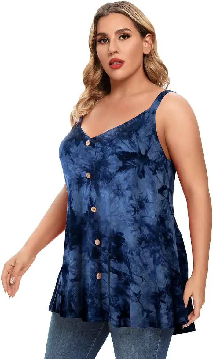 MONNURO Plus Size Camisole V Neck Button Cami Tank Tops Women's Sleeveless T-Shirt Tunics