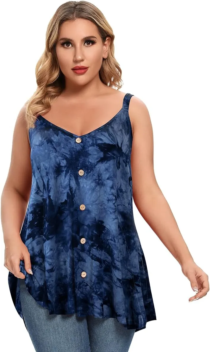 MONNURO Plus Size Camisole V Neck Button Cami Tank Tops Women's Sleeveless T-Shirt Tunics