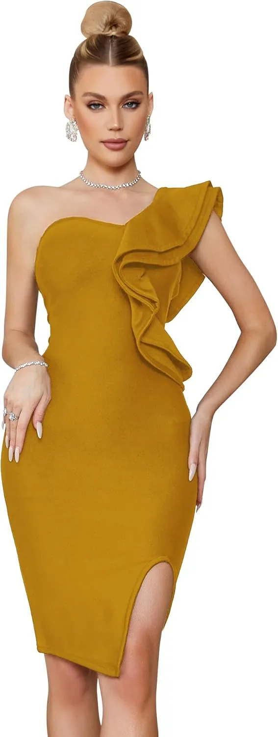 One Shoulder Ruffle Dress Side Split Bodycon Bandage Dress Wedding Guest Dress