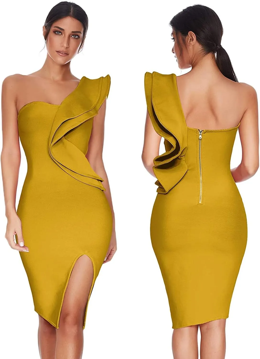 One Shoulder Ruffle Dress Side Split Bodycon Bandage Dress Wedding Guest Dress