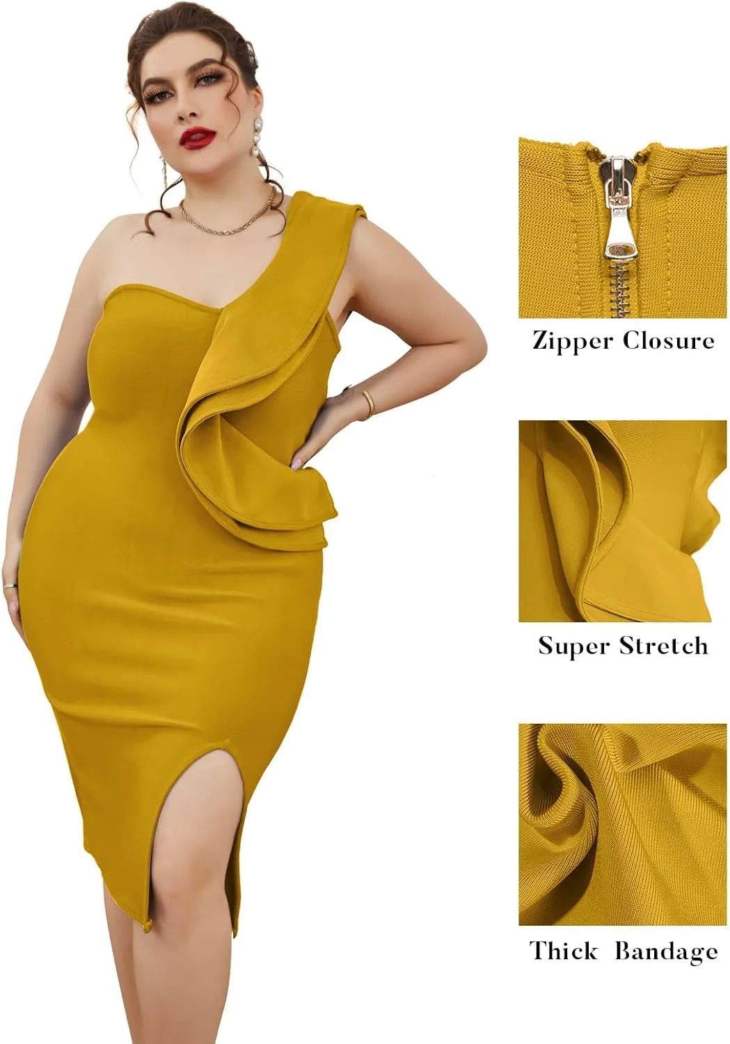 One Shoulder Ruffle Dress Side Split Bodycon Bandage Dress Wedding Guest Dress