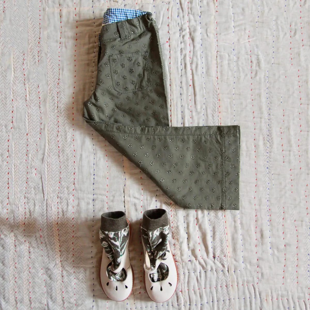 Pants in Khaki Green Broderie Anglaise by Bonjour - Last Ones In Stock - 6-12 Years