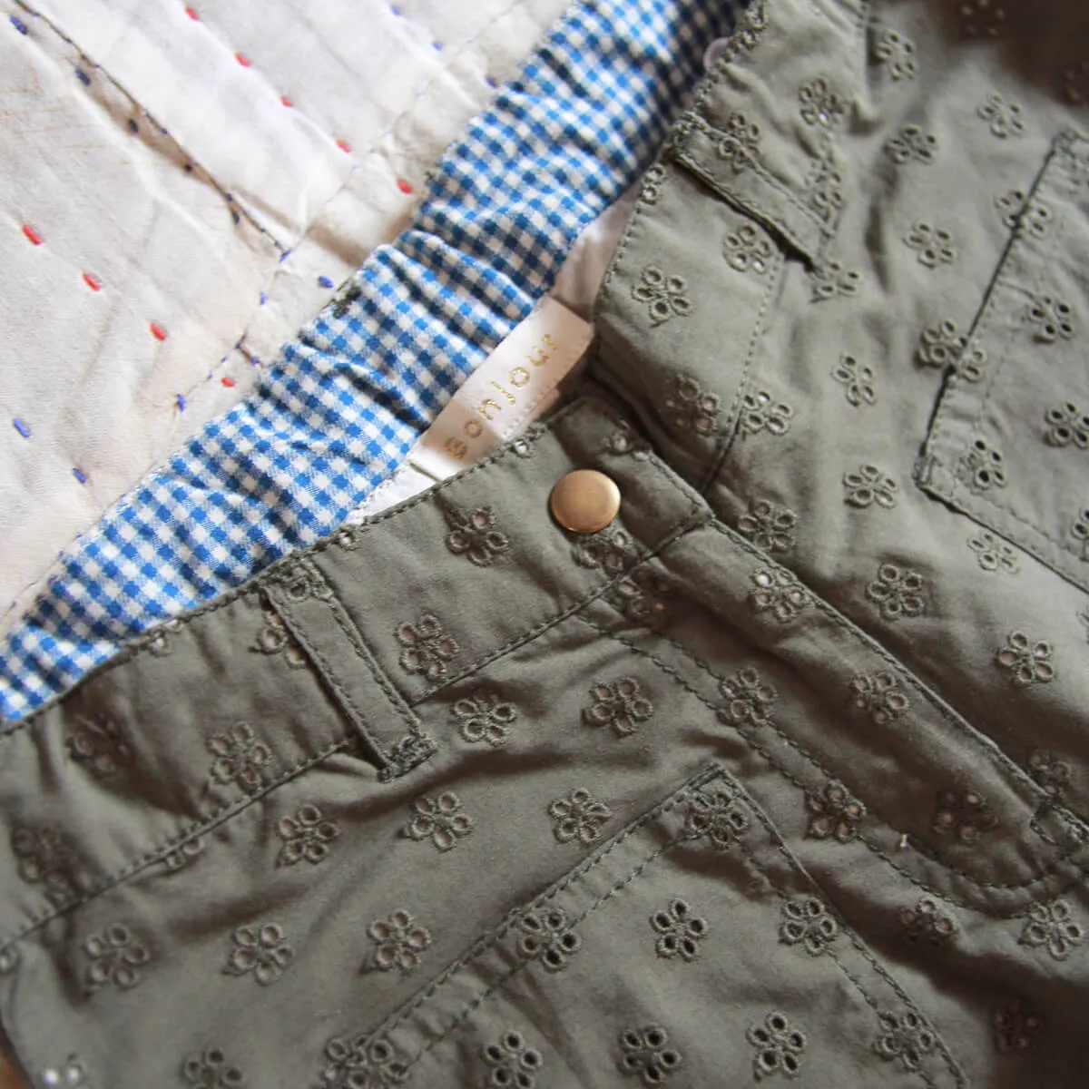 Pants in Khaki Green Broderie Anglaise by Bonjour - Last Ones In Stock - 6-12 Years