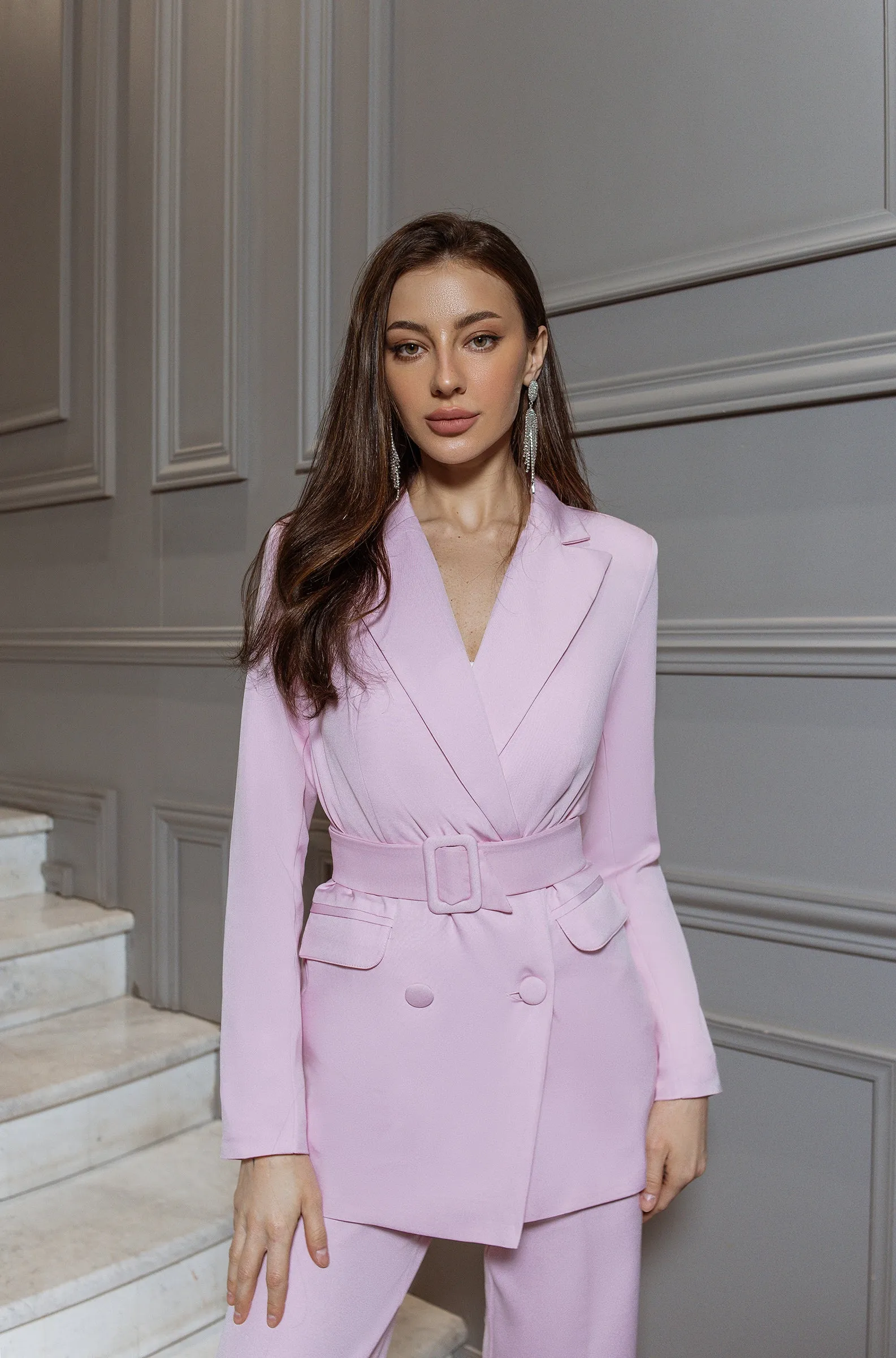 Pink Belted Double Breasted Suit 2-Piece
