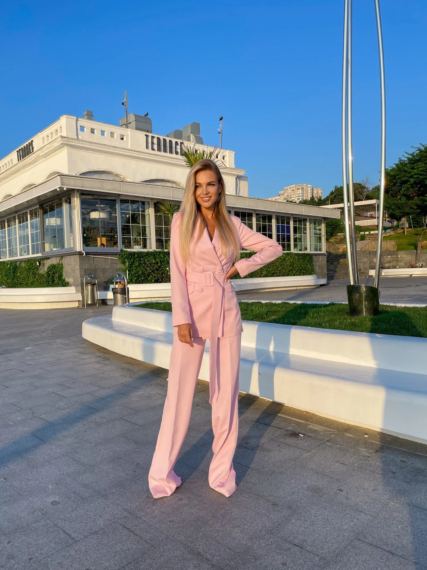 Pink Belted Double Breasted Suit 2-Piece