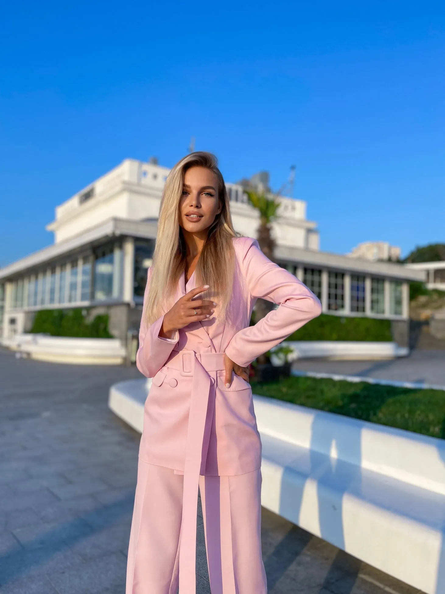 Pink Belted Double Breasted Suit 2-Piece