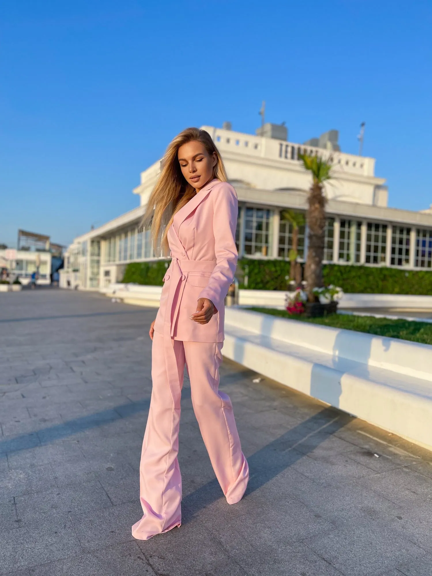 Pink Belted Double Breasted Suit 2-Piece