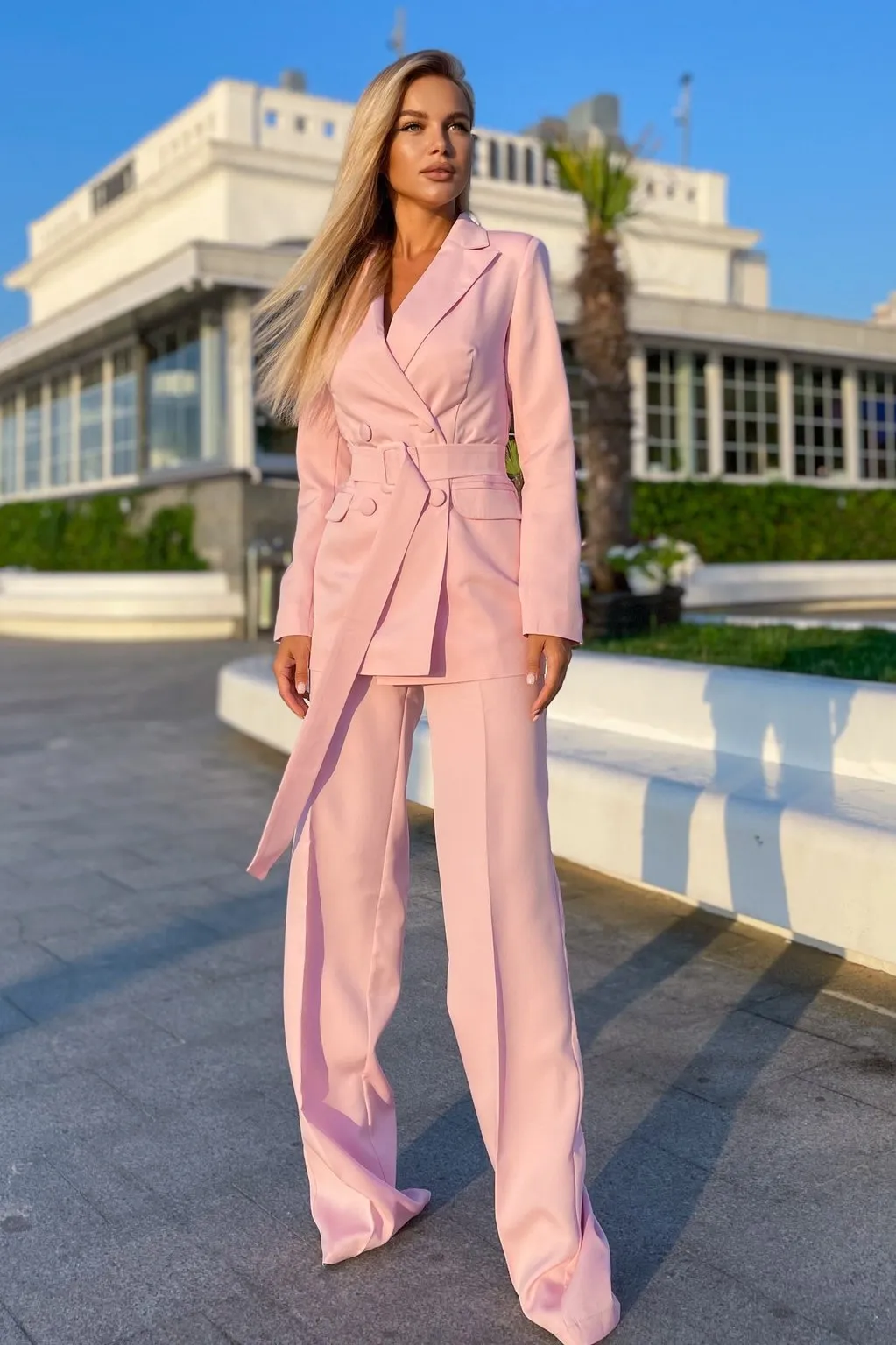 Pink Belted Double Breasted Suit 2-Piece