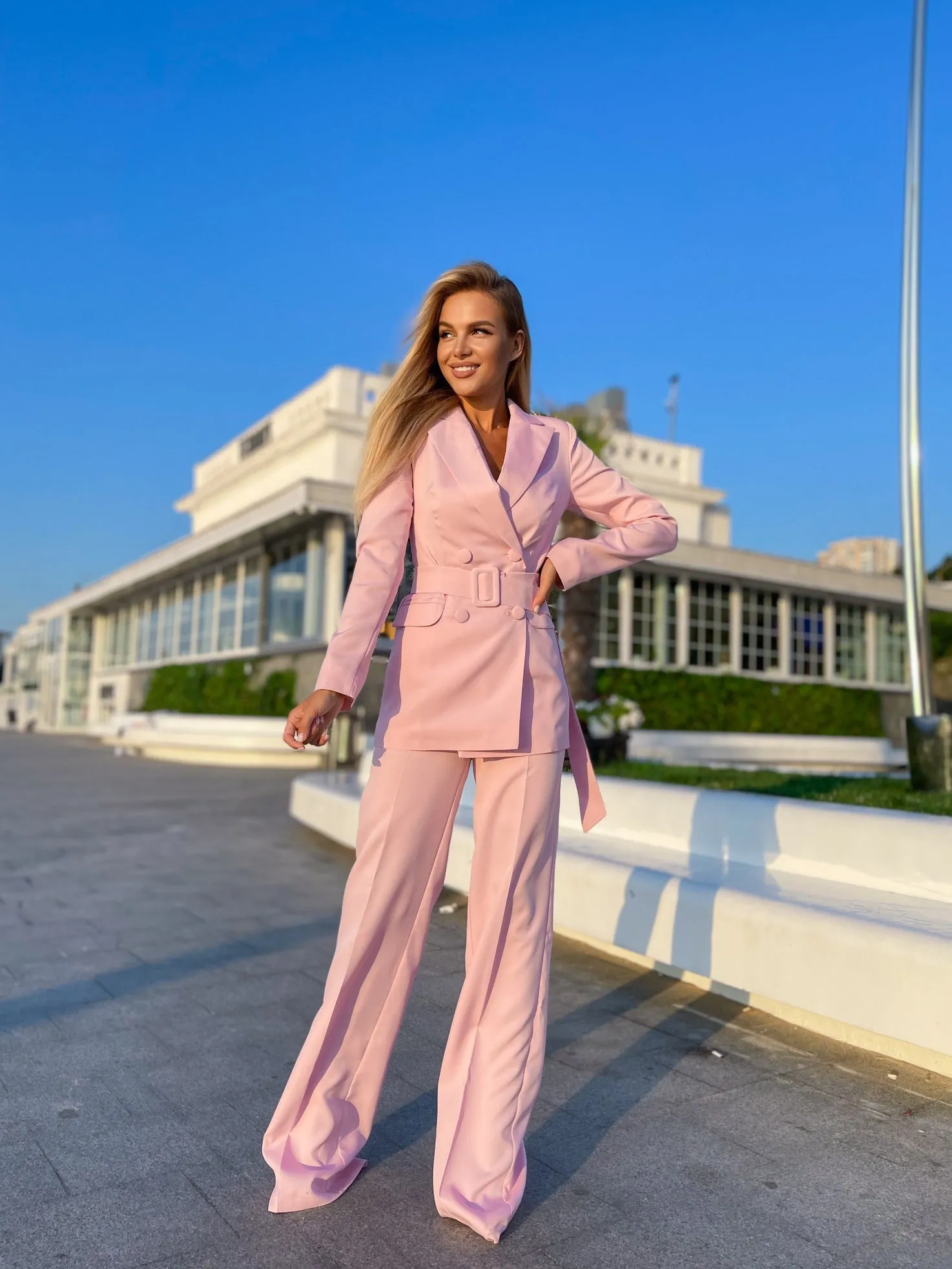 Pink Belted Double Breasted Suit 2-Piece