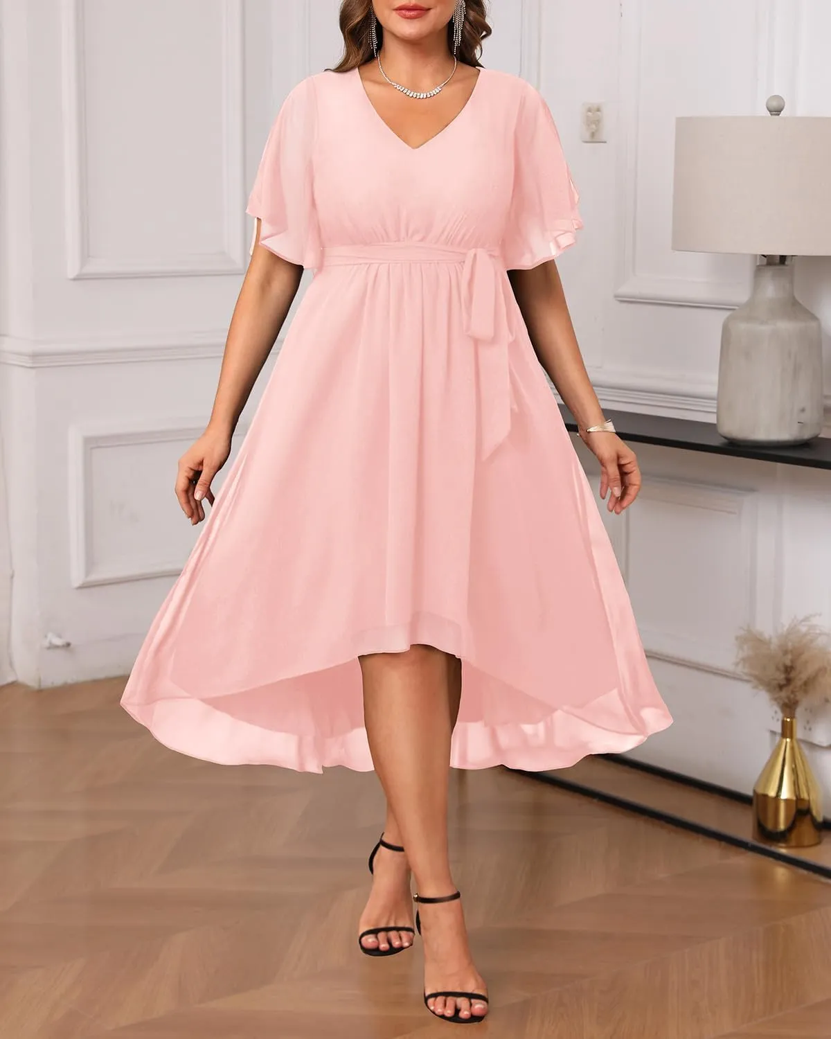 Plus Size Dresses Wedding Guest - Formal Cocktail Chiffon V Neck Short Sleeve High Low Dress Curvy Women