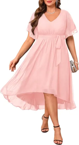 Plus Size Dresses Wedding Guest - Formal Cocktail Chiffon V Neck Short Sleeve High Low Dress Curvy Women
