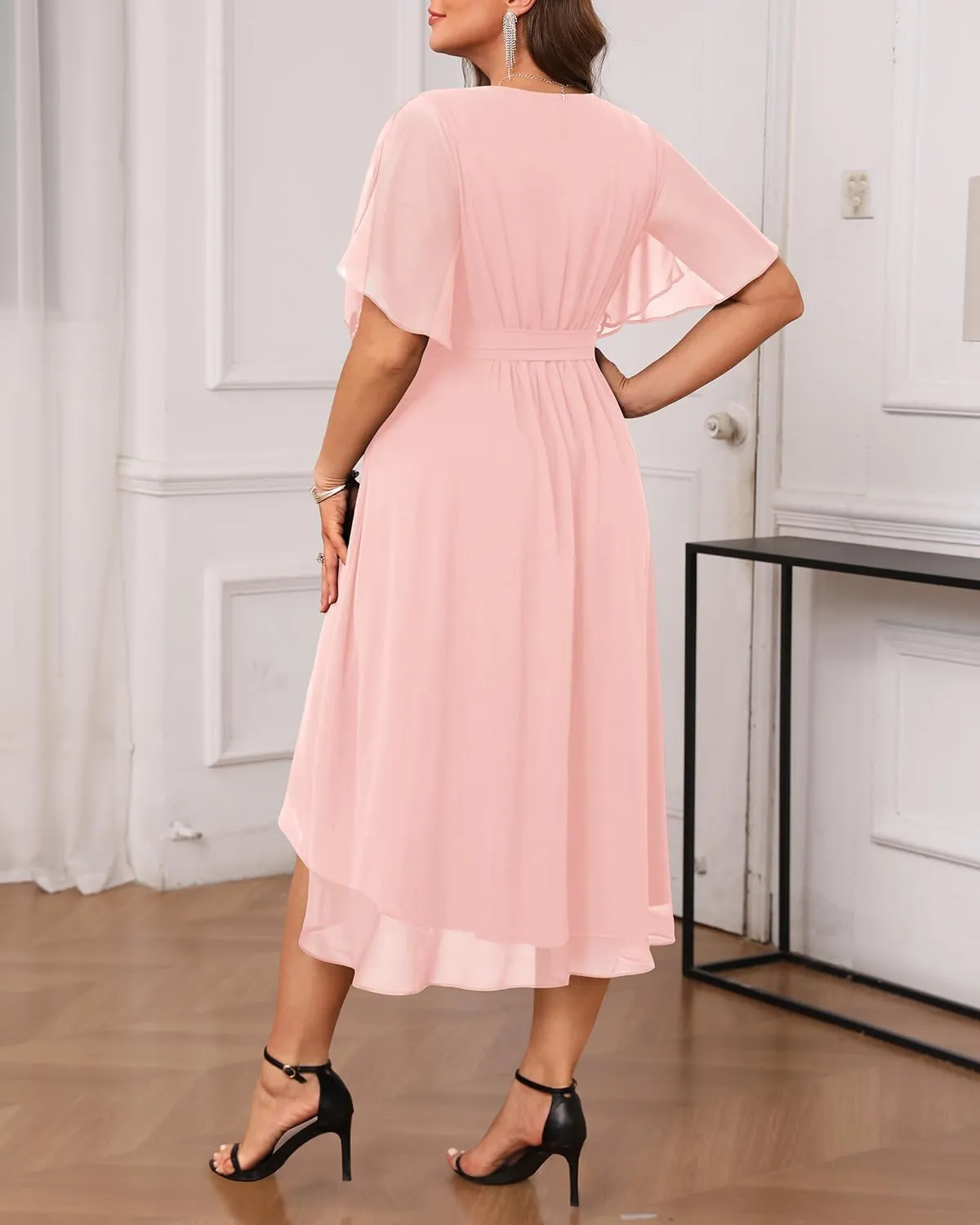 Plus Size Dresses Wedding Guest - Formal Cocktail Chiffon V Neck Short Sleeve High Low Dress Curvy Women
