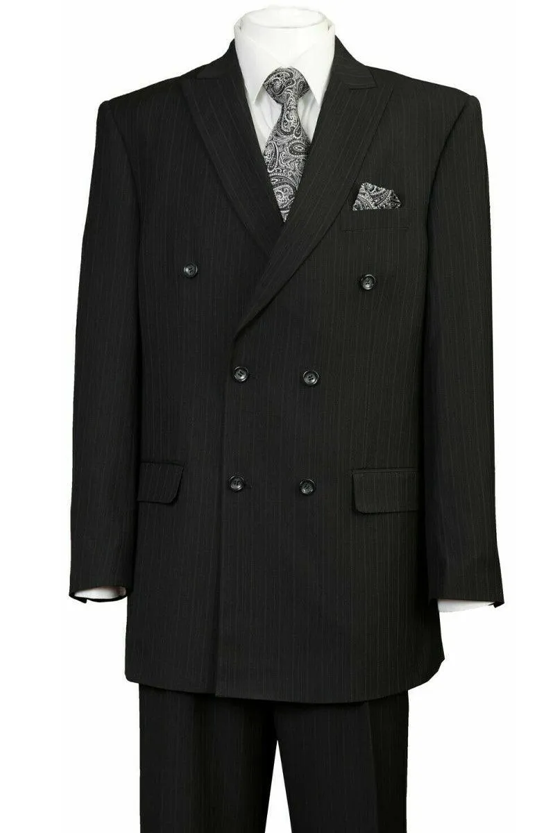 "Classic Black Pinstripe Suit by Fortino Landi - Double Breasted, Peak Lapel"