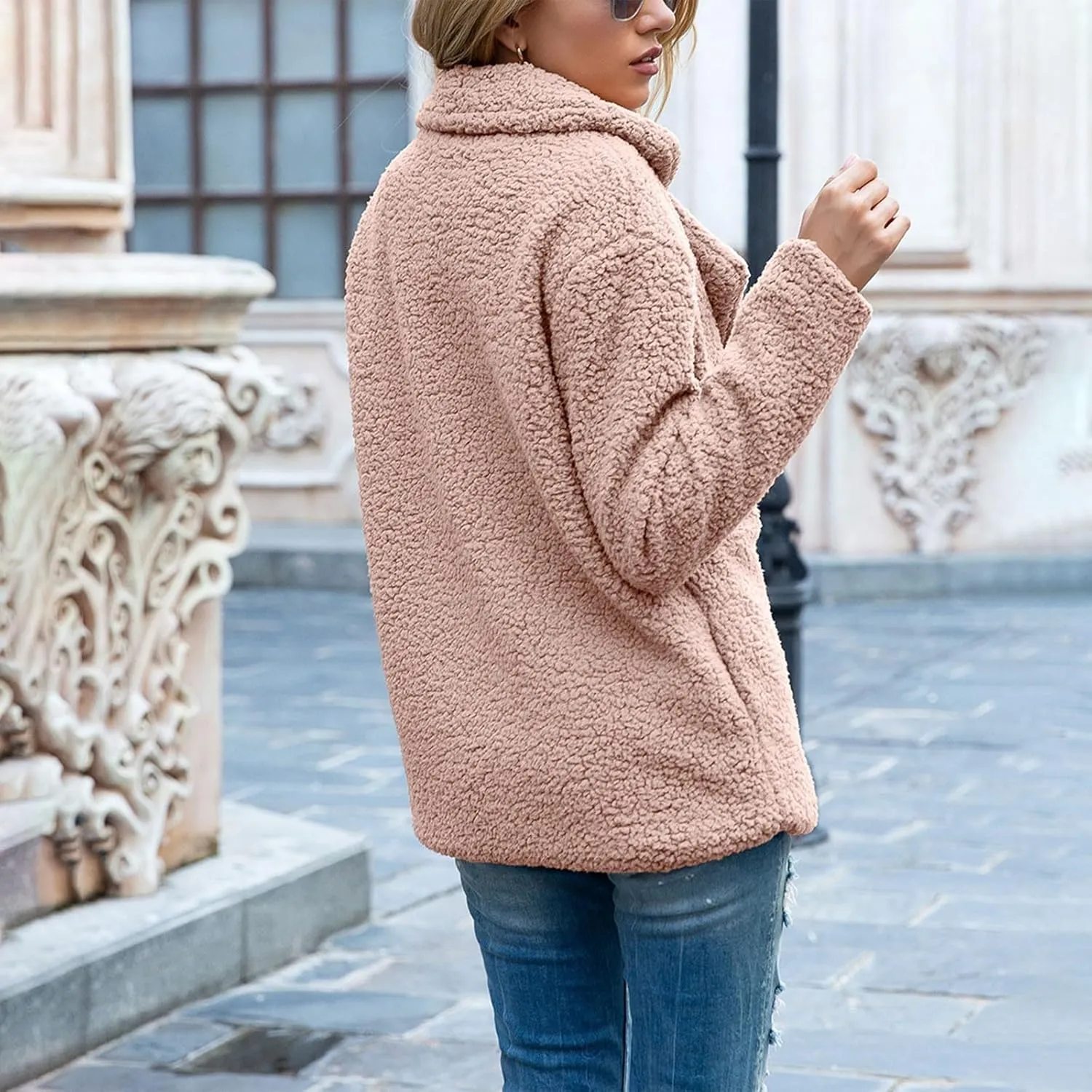 Sherpa Faux Fur Coat for Women Open Front Lapel Long Sleeve Sweater Blazer Fuzzy Teddy Fleece Jacket Winter Outfits