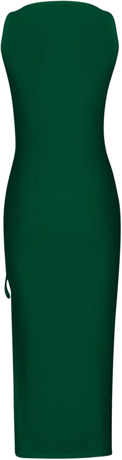 Summer Dresses for Women 2024 Sleeveless Square Neck Drawstring Side Slit Knitted Ribbed Bodycon Sexy Casual Sundress