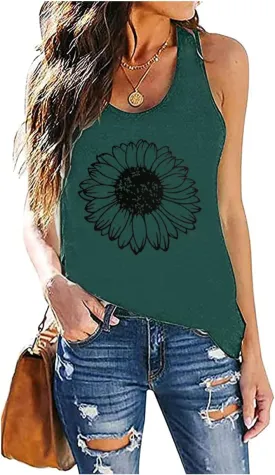 Sunflower Tank Women Funny Sunflower Graphic Sleeveless Shirts Summer Athletic Causal Beach Holiday Tee Hiking Top