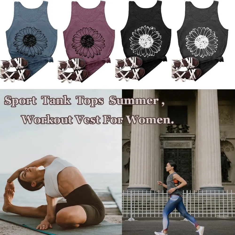 Sunflower Tank Women Funny Sunflower Graphic Sleeveless Shirts Summer Athletic Causal Beach Holiday Tee Hiking Top