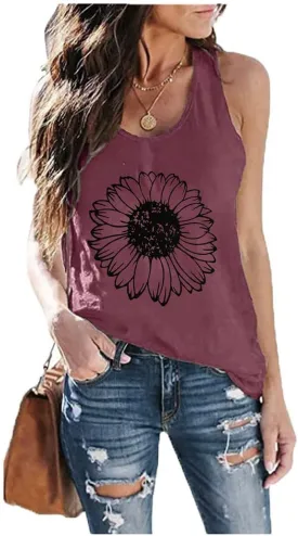 Sunflower Tank Women Funny Sunflower Graphic Sleeveless Shirts Summer Athletic Causal Beach Holiday Tee Hiking Top