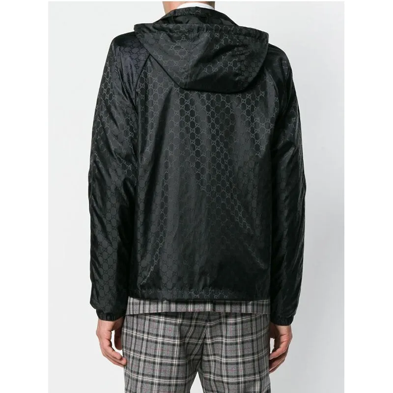 sz 54 NEW $1900 GUCCI Men's Black GG Jacquard WINDBREAKER JACKET Detachable HOO