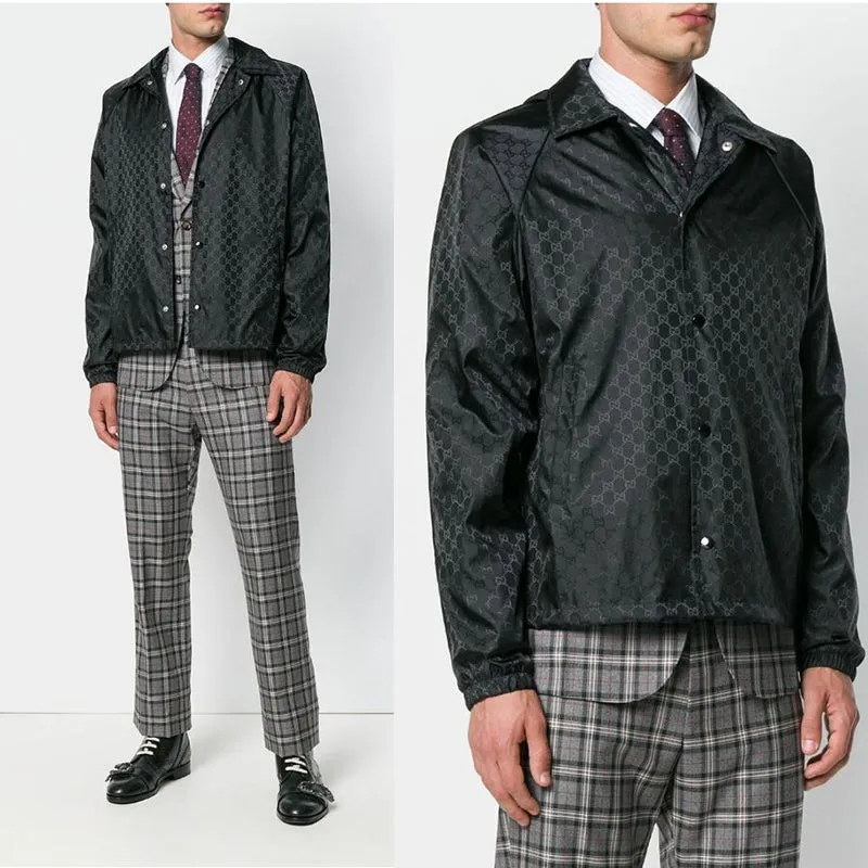 sz 54 NEW $1900 GUCCI Men's Black GG Jacquard WINDBREAKER JACKET Detachable HOO