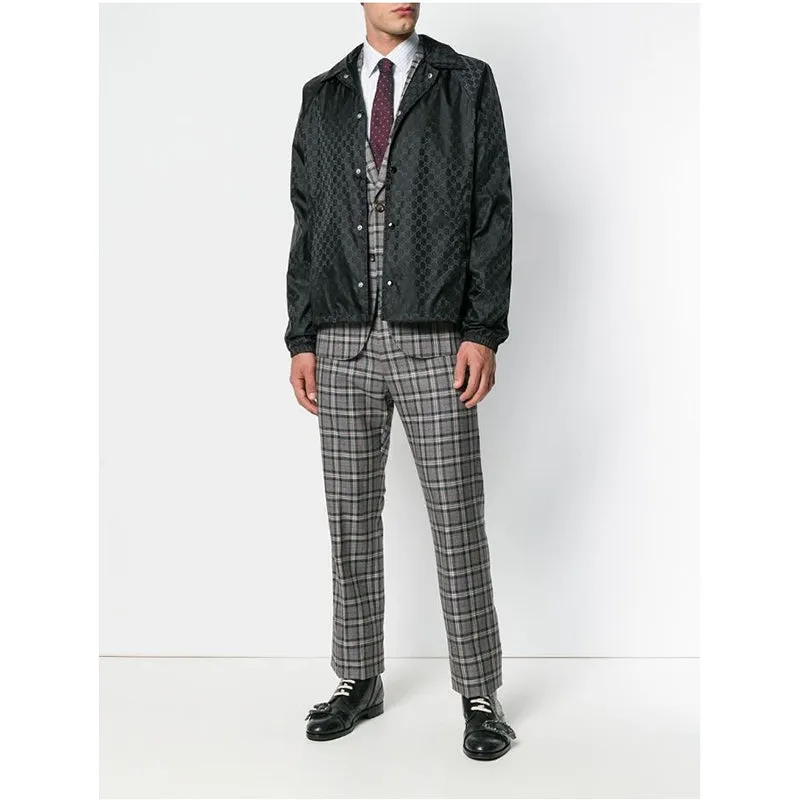 sz 54 NEW $1900 GUCCI Men's Black GG Jacquard WINDBREAKER JACKET Detachable HOO