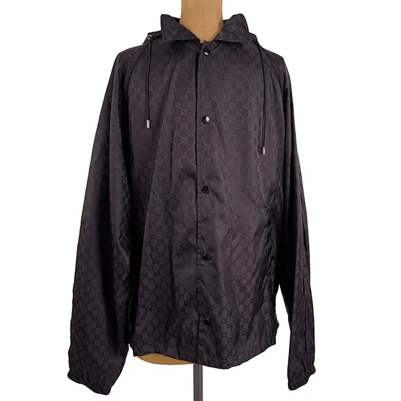 sz 54 NEW $1900 GUCCI Men's Black GG Jacquard WINDBREAKER JACKET Detachable HOO