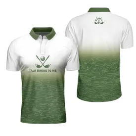 Talk Birdie To Me Golf Polo Shirt, White And Green Abstract Grass Pattern Golfing Polo Shirt, Best Golf Shirt For Men Coolspod
