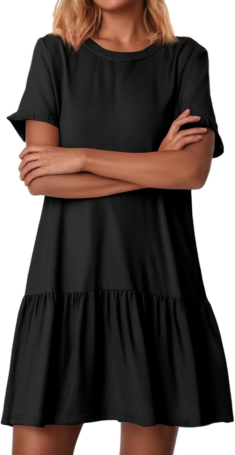 Tshirt Dress Women Summer Short Sleeve Casual Dresses Drop Waist Ruffle Hem Babydoll Dress Cute Crewneck Mini Dresses