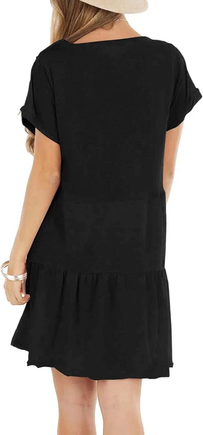 Tshirt Dress Women Summer Short Sleeve Casual Dresses Drop Waist Ruffle Hem Babydoll Dress Cute Crewneck Mini Dresses