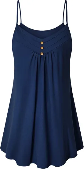 Viracy Women's Summer Button V Neck Pleated Spaghetti Strap Camisole Tank Tops (M-3XL)
