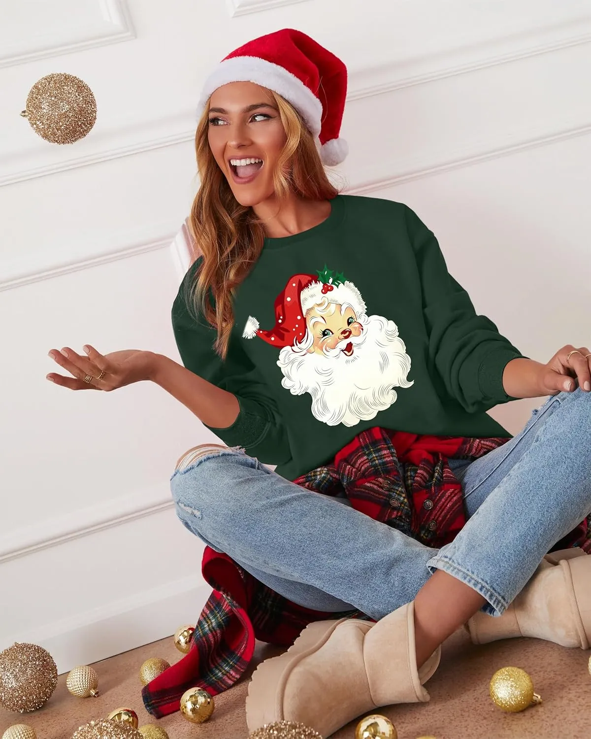 VVNTY Christmas Sweatshirts for Women Retro Santa Claus Graphic Long Sleeve Shirt Xmas Pullover Tops