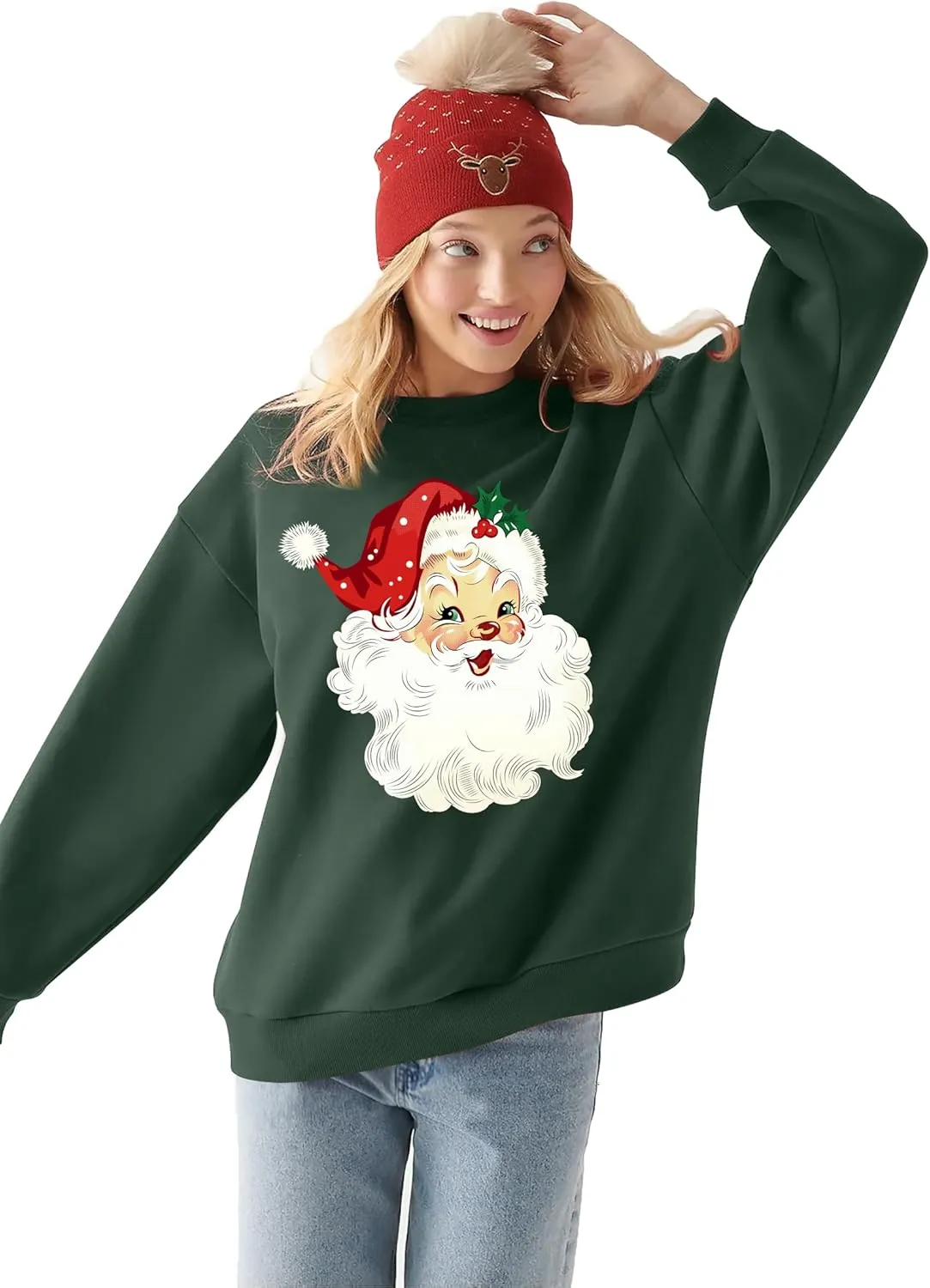 VVNTY Christmas Sweatshirts for Women Retro Santa Claus Graphic Long Sleeve Shirt Xmas Pullover Tops