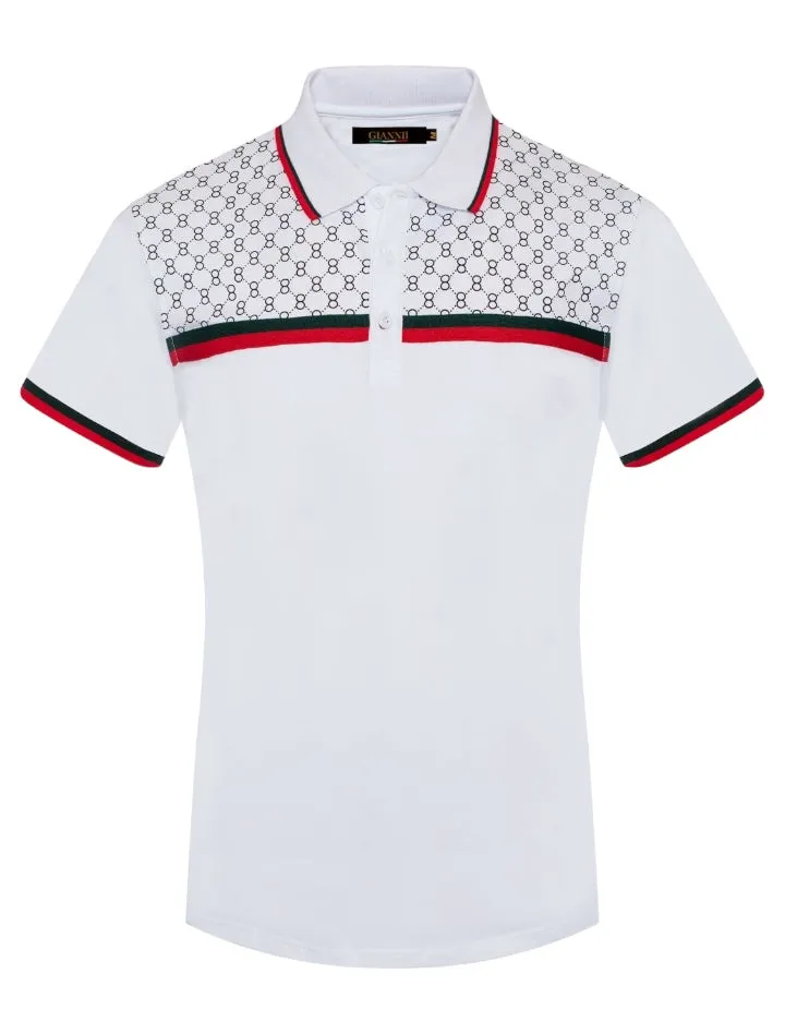 White Men's Luxury Design Short Sleeve Polo Red and Green Strip Style No: 3015