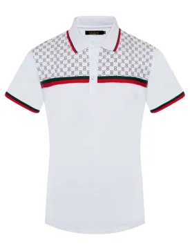White Men's Luxury Design Short Sleeve Polo Red and Green Strip Style No: 3015