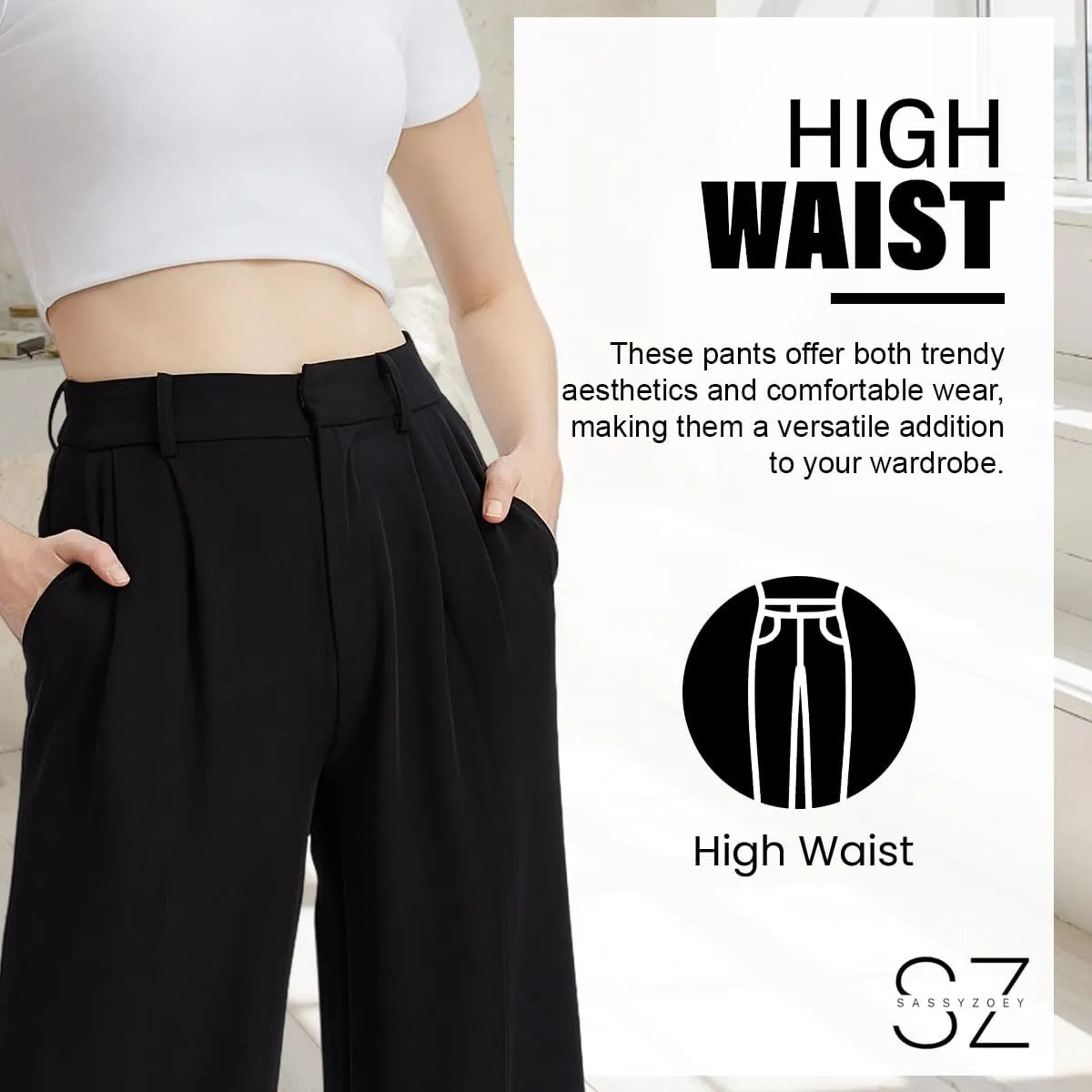 Wide Leg Pants | High Waisted Trousers with Pockets | Comfortable Work Pants | Business Casual Pants